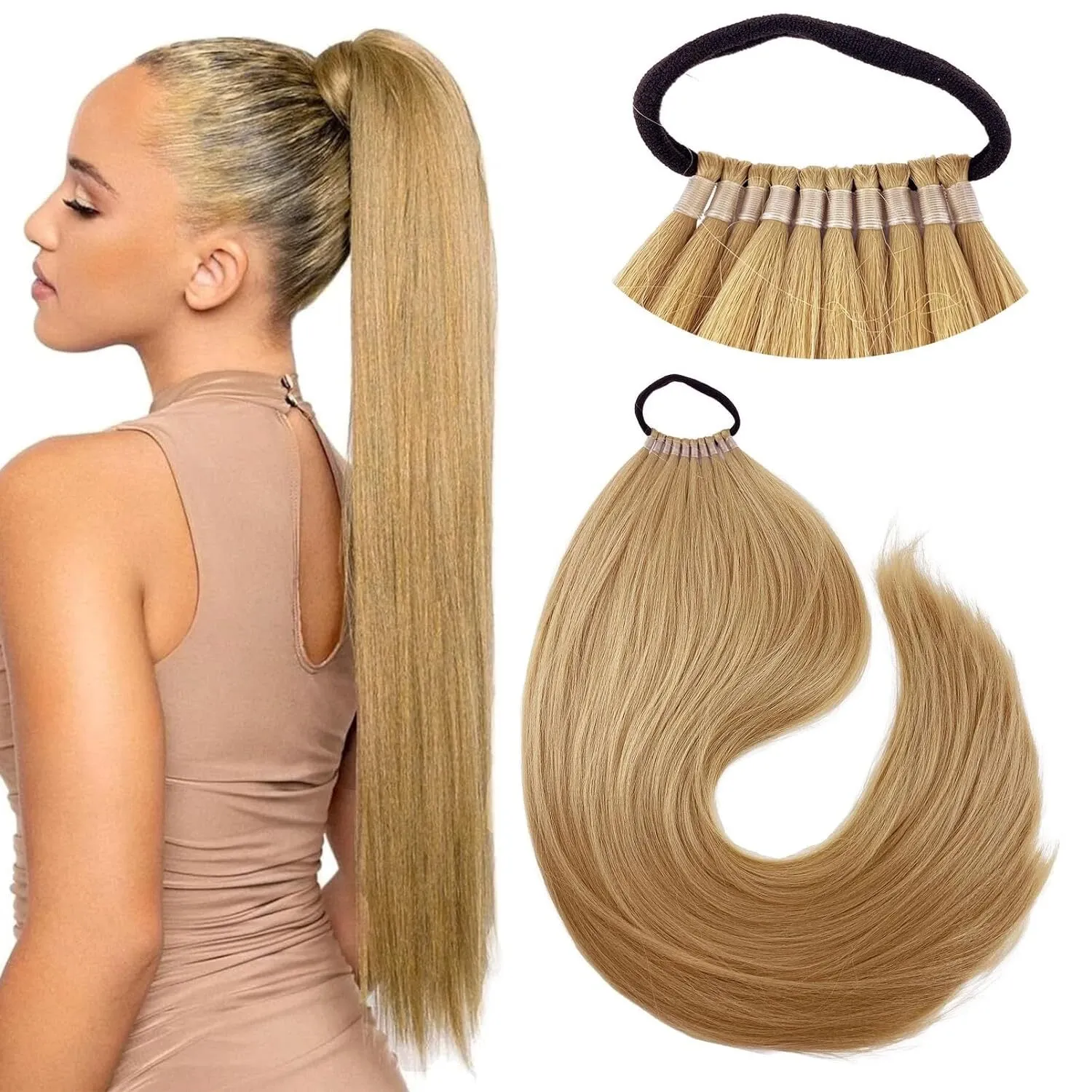 Ponytail extensions, multi-functional elastic band gold ponytail extensions, suitable for women, 28-inch long straight hair, soft and natural synthetic ponytail - deep gold.