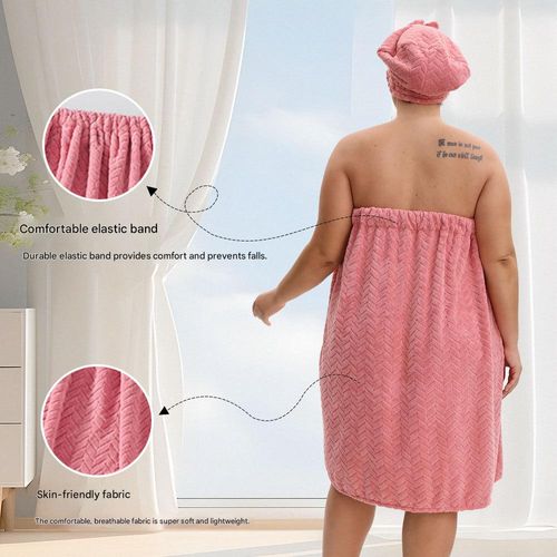 2pcs Wearable Bath Towel Set, Including 1 Dry Hair Cap And Skirt, Soft And Absorbent, A Great Match For The Bathroom(Pink,3XL-4XL)