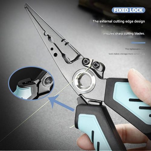 Blue, 8-inch stainless steel multi-purpose fishing pliers, open-ring, weighted, line cutter, hook remover, non-slip, comes with a safety rope and Oxford cloth (cash on delivery).