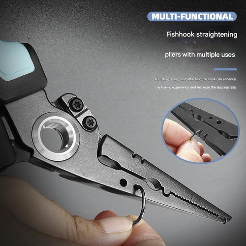 Blue, 8-inch stainless steel multi-purpose fishing pliers, open-ring, weighted, line cutter, hook remover, non-slip, comes with a safety rope and Oxford cloth (cash on delivery).