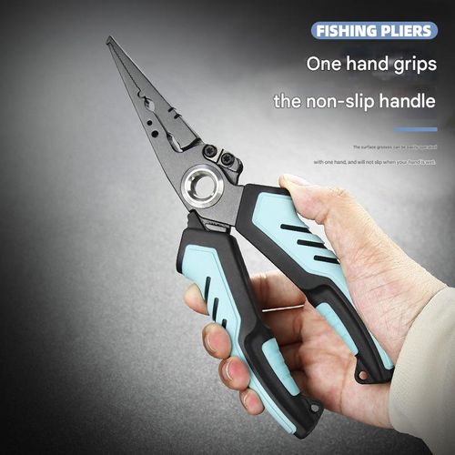 Blue, 8-inch stainless steel multi-purpose fishing pliers, open-ring, weighted, line cutter, hook remover, non-slip, comes with a safety rope and Oxford cloth (cash on delivery).