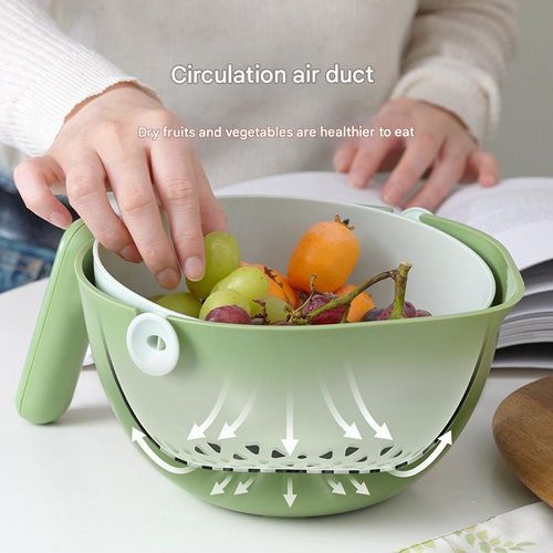 Rotating Kitchen Colander Set, Double Layer Vegetable Washing Basket with Handle Plastic Strainer with Bowl Drain Basket for Pasta, Spaghetti, Fruit, Salads (Avocado Green)