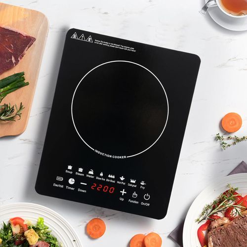 Portable induction cooktop, 7 settings, with touch panel, 8 preset cooking programs, adjustable power and temperature, LCD display, automatic pot detection, automatic shut-off, and a 3-hour timer.