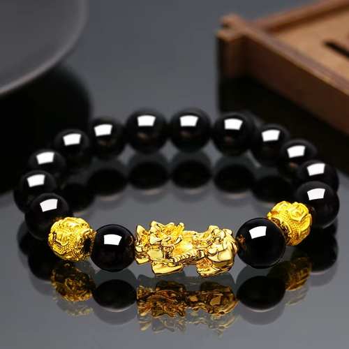 Lucky Alloy Obsidian Bead Bracelet - Gold-Plated Pixiu & Gold Bead Bracelet, Feng Shui Jewelry for Attracting Wealth & Luck, Unisex Tai Sui Protection Wealth Bracelet