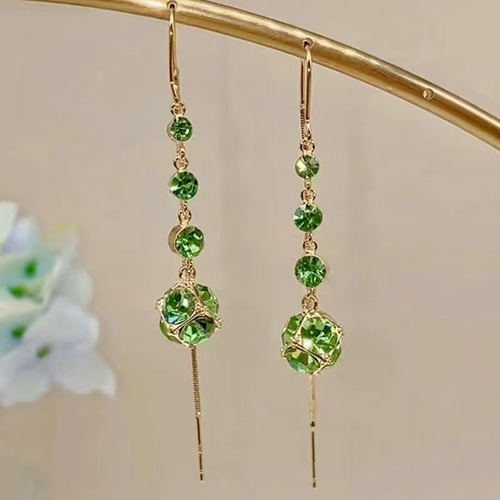 Women's Hypoallergenic Light Luxury Tassel Hoops - Purple&Green&Brown Shiny Zircon Face-Slimming Earrings, 3-Color Diamond Ball Maria Colored Stone Niche Design