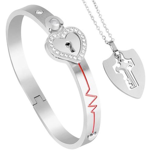 Couple's 100 Languages Projection Jewelry 2025 New - Titanium Steel Heart Lock Crystal Bracelet & Necklace Set, Romantic Multi-Color Gift for Anniversary
