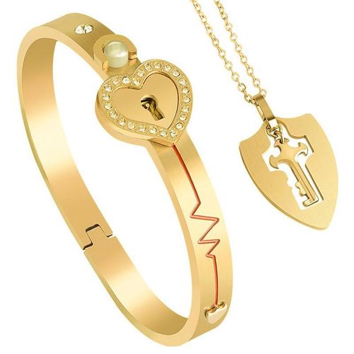 Couple's 100 Languages Projection Jewelry 2025 New - Titanium Steel Heart Lock Crystal Bracelet & Necklace Set, Romantic Multi-Color Gift for Anniversary