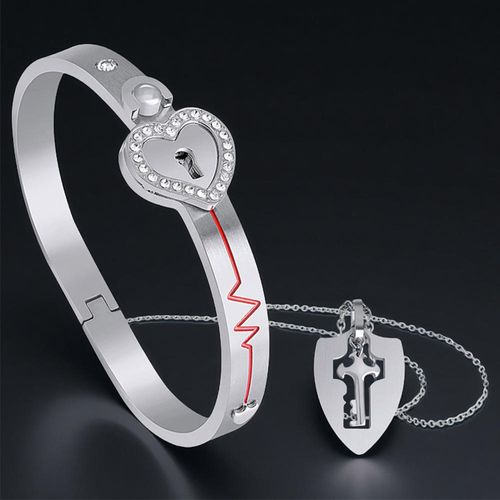 Couple's 100 Languages Projection Jewelry 2025 New - Titanium Steel Heart Lock Crystal Bracelet & Necklace Set, Romantic Multi-Color Gift for Anniversary