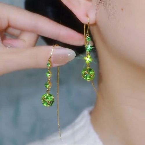 Women's Hypoallergenic Light Luxury Tassel Hoops - Purple&Green&Brown Shiny Zircon Face-Slimming Earrings, 3-Color Diamond Ball Maria Colored Stone Niche Design