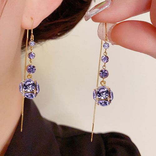 Women's Hypoallergenic Light Luxury Tassel Hoops - Purple&Green&Brown Shiny Zircon Face-Slimming Earrings, 3-Color Diamond Ball Maria Colored Stone Niche Design