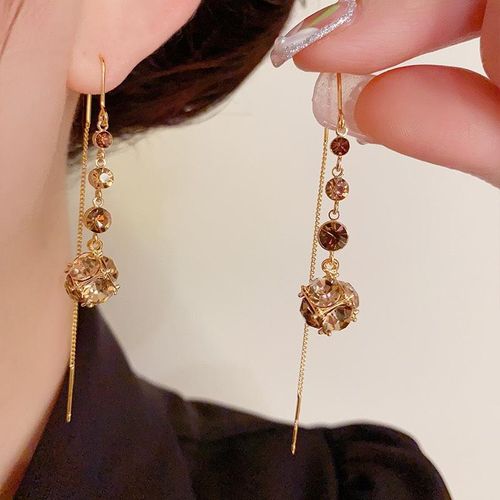 Women's Hypoallergenic Light Luxury Tassel Hoops - Purple&Green&Brown Shiny Zircon Face-Slimming Earrings, 3-Color Diamond Ball Maria Colored Stone Niche Design