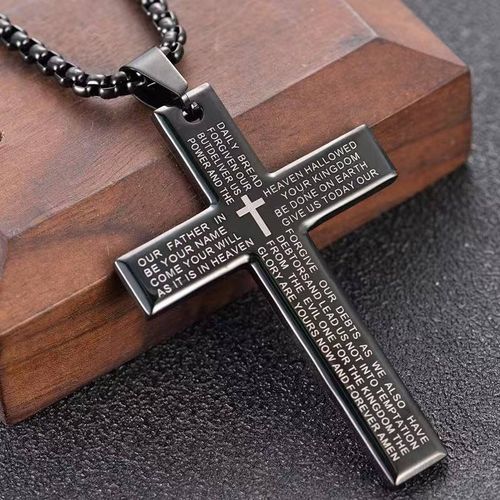 Men&Women Stainless Steel Cross Pendant Necklace: Black Spiritual Christian Jewelry, Rust-Proof Long Sweater Chain with Personalized Hip-Hop Style Design