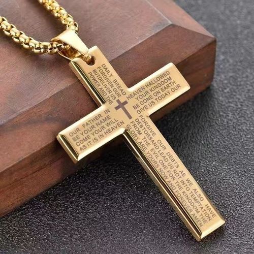 Men&Women Stainless Steel Cross Pendant Necklace: Black Spiritual Christian Jewelry, Rust-Proof Long Sweater Chain with Personalized Hip-Hop Style Design