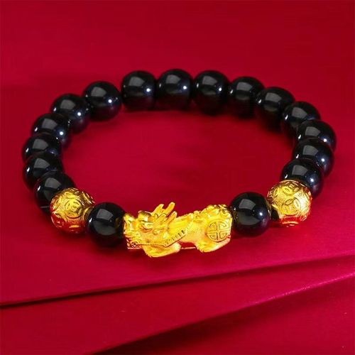 Lucky Alloy Obsidian Bead Bracelet - Gold-Plated Pixiu & Gold Bead Bracelet, Feng Shui Jewelry for Attracting Wealth & Luck, Unisex Tai Sui Protection Wealth Bracelet