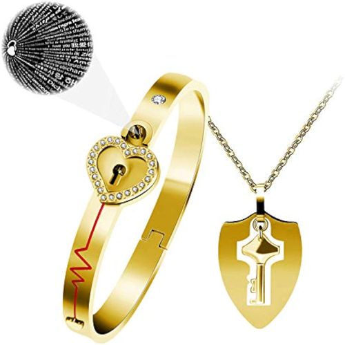 Couple's 100 Languages Projection Jewelry 2025 New - Titanium Steel Heart Lock Crystal Bracelet & Necklace Set, Romantic Multi-Color Gift for Anniversary