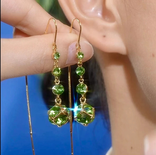 Women's Hypoallergenic Light Luxury Tassel Hoops - Purple&Green&Brown Shiny Zircon Face-Slimming Earrings, 3-Color Diamond Ball Maria Colored Stone Niche Design