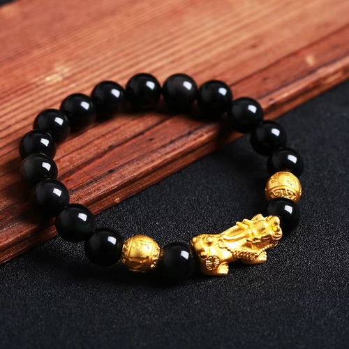 Lucky Alloy Obsidian Bead Bracelet - Gold-Plated Pixiu & Gold Bead Bracelet, Feng Shui Jewelry for Attracting Wealth & Luck, Unisex Tai Sui Protection Wealth Bracelet