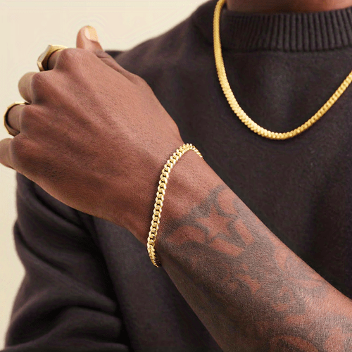 18K Gold Plated 5mm Miami Cuban Chain - Double Cross Vintage Bracelet, Waterproof & Rustproof Stainless Steel, Hip-Hop Style, Unisex for Guys, Singers & Women