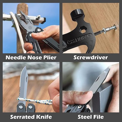 A multifunctional tool that can meet all your needs, including: knife, bottle opener, small flat-head screwdriver, screwdriver, hex wrench, pliers, hammer, staple holder...