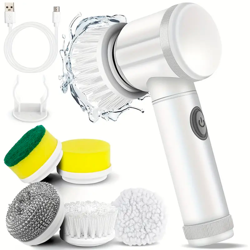 Electric Cleaning Brush Set - 5 Replaceable Heads, Cordless 360 Rotating Scrubber, Durable Plastic Material, Portable Power Scrubbing Tool for Bathroom, Bathtub, Tile, Household Cleaning Supplies