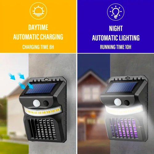 Struggling with Mosquitoes in Your Garden? Discover the LED Solar Mosquito Wall Light – Waterproof, Ultraviolet Attraction, Electric Shock, Motion Sensor, and Color Temperature Variable!