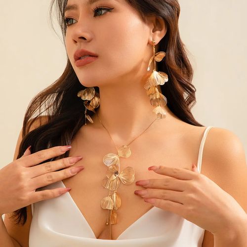 Ouro ginkgo biloba tassel colar brincos conjunto completo