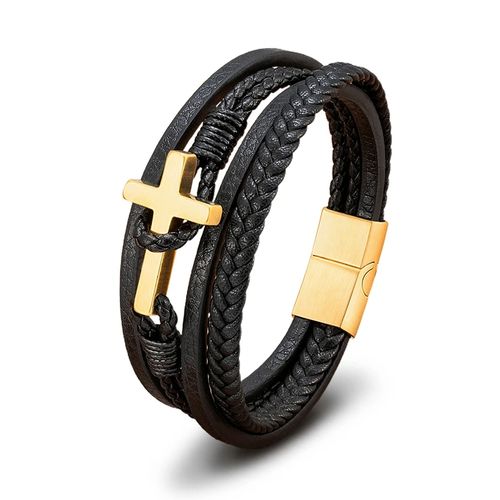 PULSEIRA MASCULINA DE COURO COM CRUZ EM AÇO INOXIDÁVEL E FECHO MAGNÉTICO