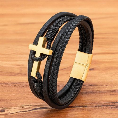 PULSEIRA MASCULINA DE COURO COM CRUZ EM AÇO INOXIDÁVEL E FECHO MAGNÉTICO