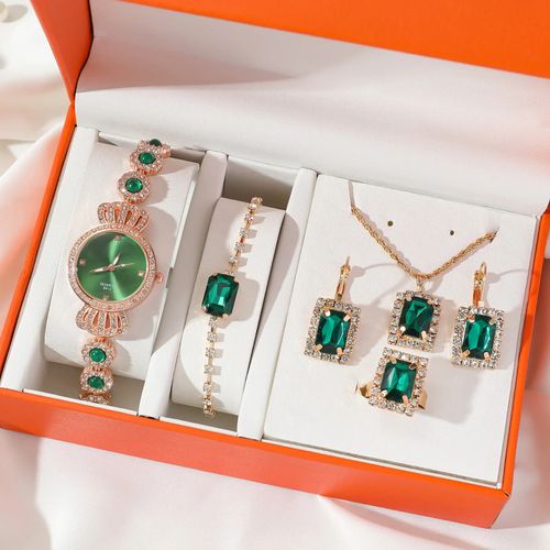 Rosa ouro esmeralda coroa relógio caixa de presente set (desconto de 50% por tempo limitado)