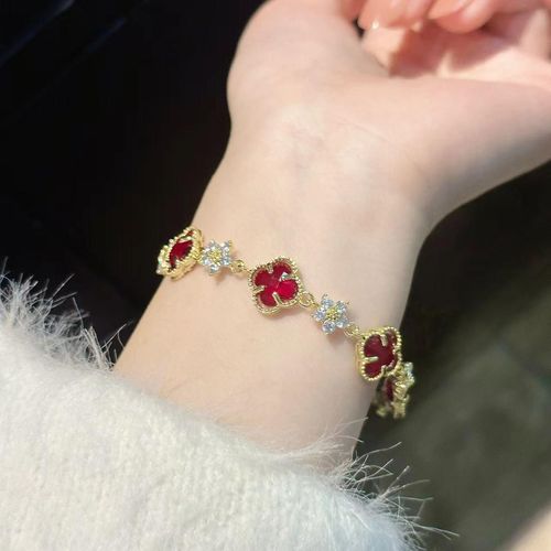 Women's Trendy Double-Sided Four-Leaf Clover Bracelet New Luxury Zircon Jewelry Light Chain Link Accessories Simple Exquisite