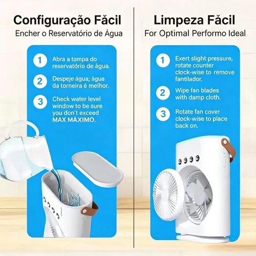 Ventilador de névoa com arrefecimento a ar, controlado remotamente, oscilante, recarregável via USB-C, com mudança de cor, leve e portátil.