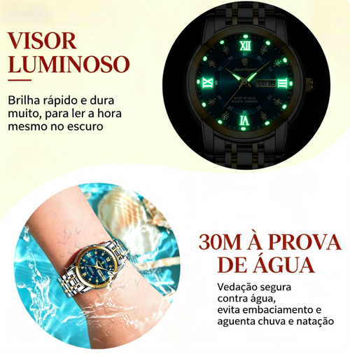 Relógio feminino novo à prova d'água, com luz noturna e calendário duplo