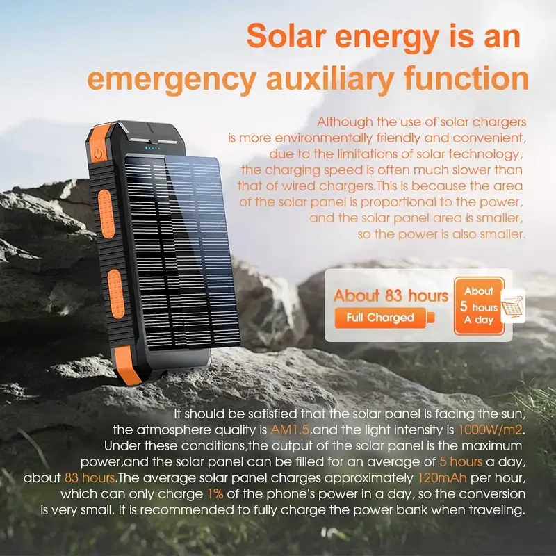 10000mAh Portable Solar Power Bank, Waterproof Solar Phone Charger with LED Light, Dual USB Output Ports, Compatible with iPhone & Android