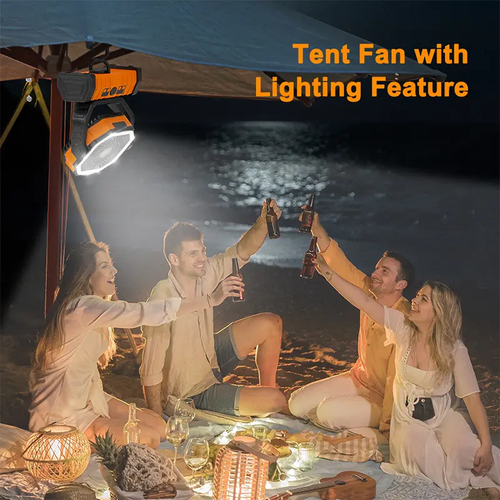 Ventilador de Acampamento Recarregável com Luz LED, Ventilador Portátil Multifuncional com Gancho Giratório de 360°, Ventilador de Emergência Oscilante para Acampamento, Sem Fio, Giratório, Alimentado por Bateria, Leve