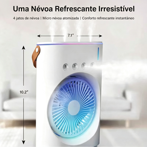 Ventilador de névoa com arrefecimento a ar, controlado remotamente, oscilante, recarregável via USB-C, com mudança de cor, leve e portátil.
