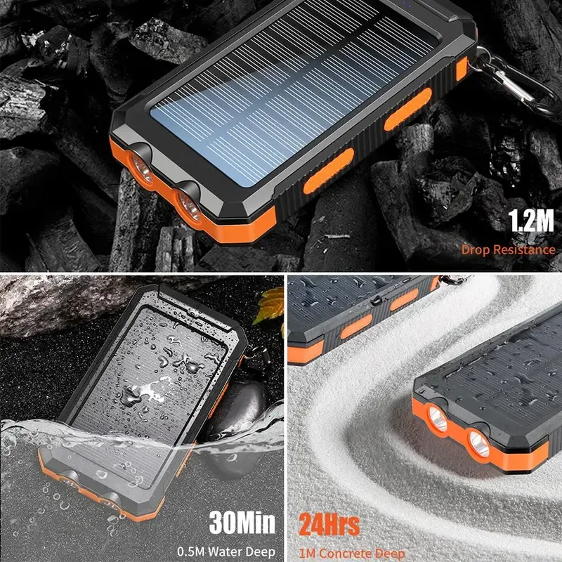 10000mAh Portable Solar Power Bank, Waterproof Solar Phone Charger with LED Light, Dual USB Output Ports, Compatible with iPhone & Android