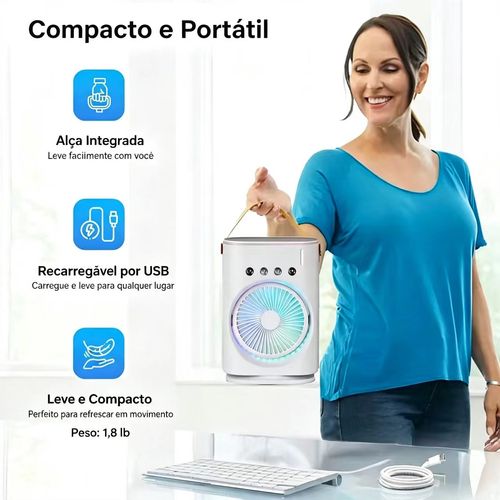 Ventilador de névoa com arrefecimento a ar, controlado remotamente, oscilante, recarregável via USB-C, com mudança de cor, leve e portátil.