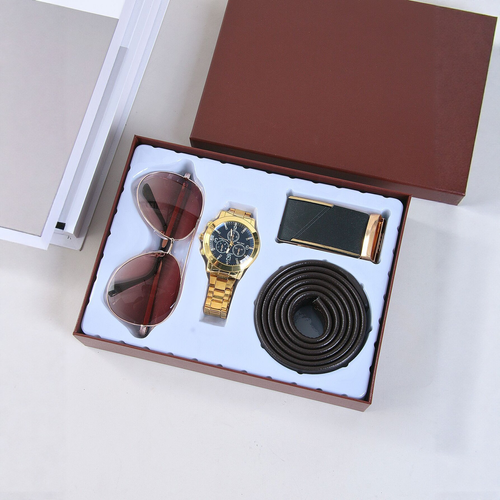 Kit Luxo 4 Peças para Homem - Óculos Aviador,Cinto + Fivela,Relógio Aço Dourado | Conjunto Completo para Look Executivo
