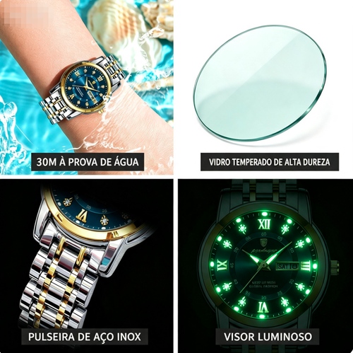 Relógio feminino novo à prova d'água, com luz noturna e calendário duplo