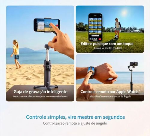 Stabilizador de Gimbal DJI Osmo Mobile 8 Advanced Tracking Combo para Celular, Rastreamento nativo por IA com Áudio e Iluminação, Rotação Pan de 360°, haste de extensão e tripé integrados, Bateria de 10h, haste de extensão