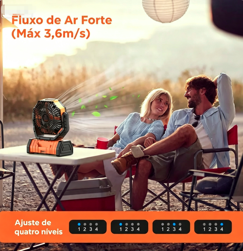 Ventilador de Acampamento Recarregável com Luz LED, Ventilador Portátil Multifuncional com Gancho Giratório de 360°, Ventilador de Emergência Oscilante para Acampamento, Sem Fio, Giratório, Alimentado por Bateria, Leve