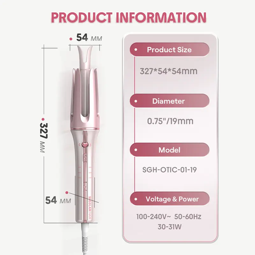 SHEGLAM curler, three temperature settings, dual-direction rotation, compatible with multiple voltages, GlossPro ceramic coating technology for minimal damage to hair, touch-sensitive control, quick curls