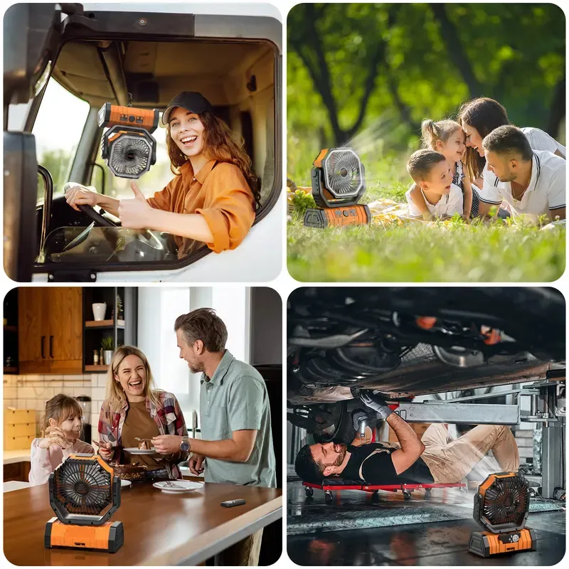 Ventilador de Acampamento Recarregável com Luz LED, Ventilador Portátil Multifuncional com Gancho Giratório de 360°, Ventilador de Emergência Oscilante para Acampamento, Sem Fio, Giratório, Alimentado por Bateria, Leve