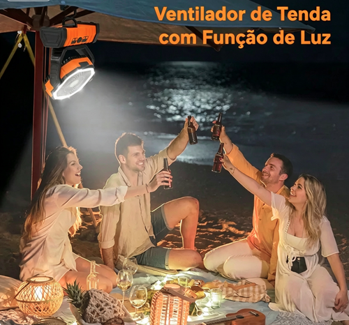 Ventilador de Acampamento Recarregável com Luz LED, Ventilador Portátil Multifuncional com Gancho Giratório de 360°, Ventilador de Emergência Oscilante para Acampamento, Sem Fio, Giratório, Alimentado por Bateria, Leve