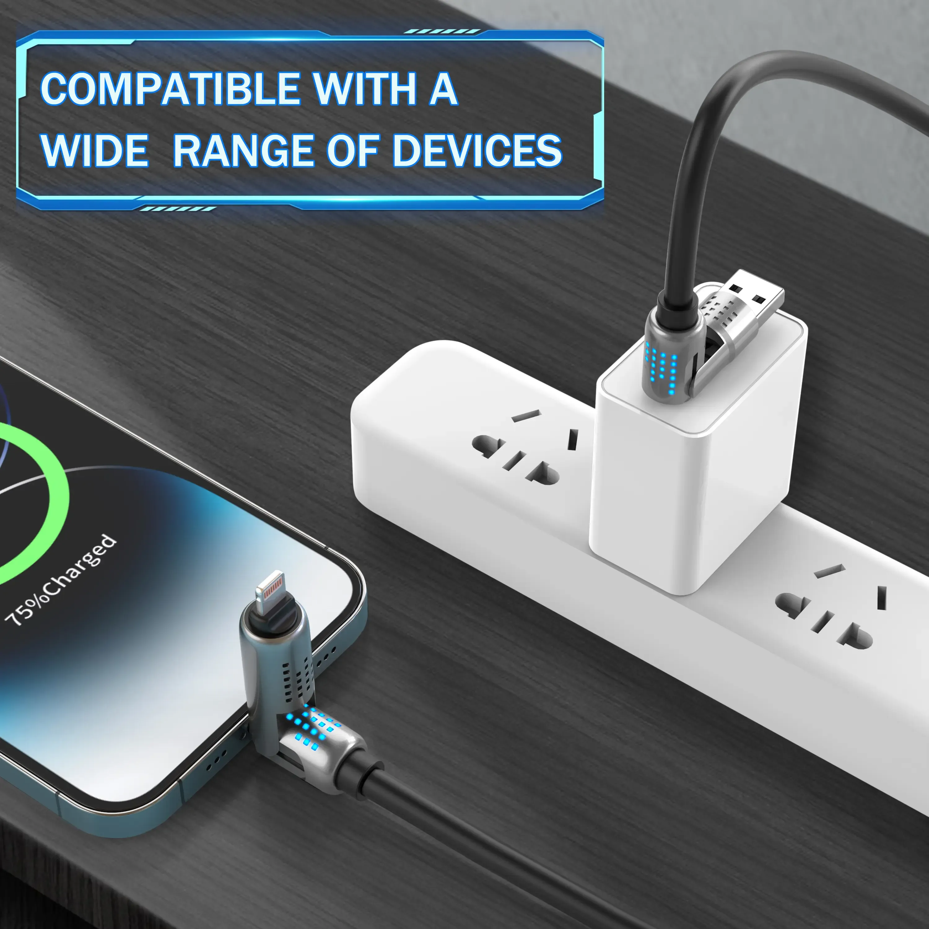 240-watt, 4-in-1 USB-C cable with 5-amp fast charging and data synchronization capabilities. Compatible with USB-A, Type-C, and Lightning ports. Made of aluminum, suitable for iPhone 15 and later models, iPad, Samsung phones, laptops, and various tech gadgets and accessories.