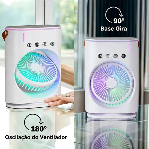 Ventilador de névoa com arrefecimento a ar, controlado remotamente, oscilante, recarregável via USB-C, com mudança de cor, leve e portátil.