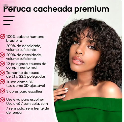 Peruca com ondulações aquáticas. Possui um corte curto de 12 polegadas, com ondas de densidade de 200%, resultando em cabelos muito densos. Esta peruca é adequada para ser feita com máquina, sem necessidade de cola, sendo ideal para mulheres.Cabelo humano