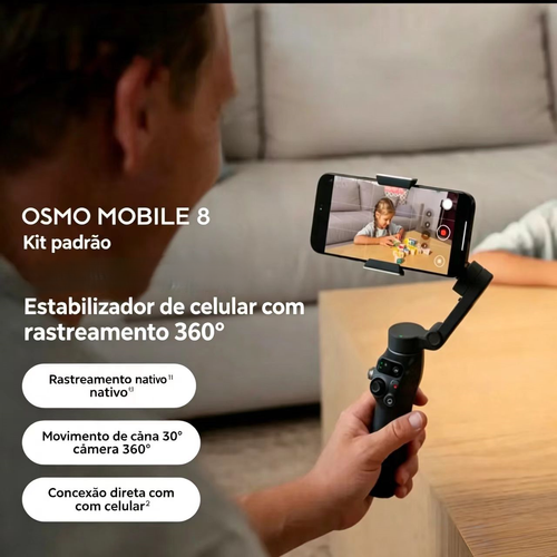 Stabilizador de Gimbal DJI Osmo Mobile 8 Advanced Tracking Combo para Celular, Rastreamento nativo por IA com Áudio e Iluminação, Rotação Pan de 360°, haste de extensão e tripé integrados, Bateria de 10h, haste de extensão
