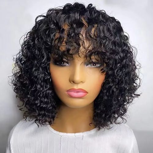 Water Wave Wigs With Bangs Wear And Go 12 Inch Short Curly 200% Density Thick Human Hair Full Machine Wig - Jerry Curly Wig with Bangs, Glueless For Women