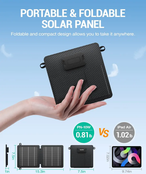 10W Portable Solar Panel, IP65 Waterproof Foldable Solar Cell, Dual USB Outputs ,with 10W Output Keeps Gear Topped, for iPhone iPad Samsung, Outdoor Gadgets for Outdoor Use